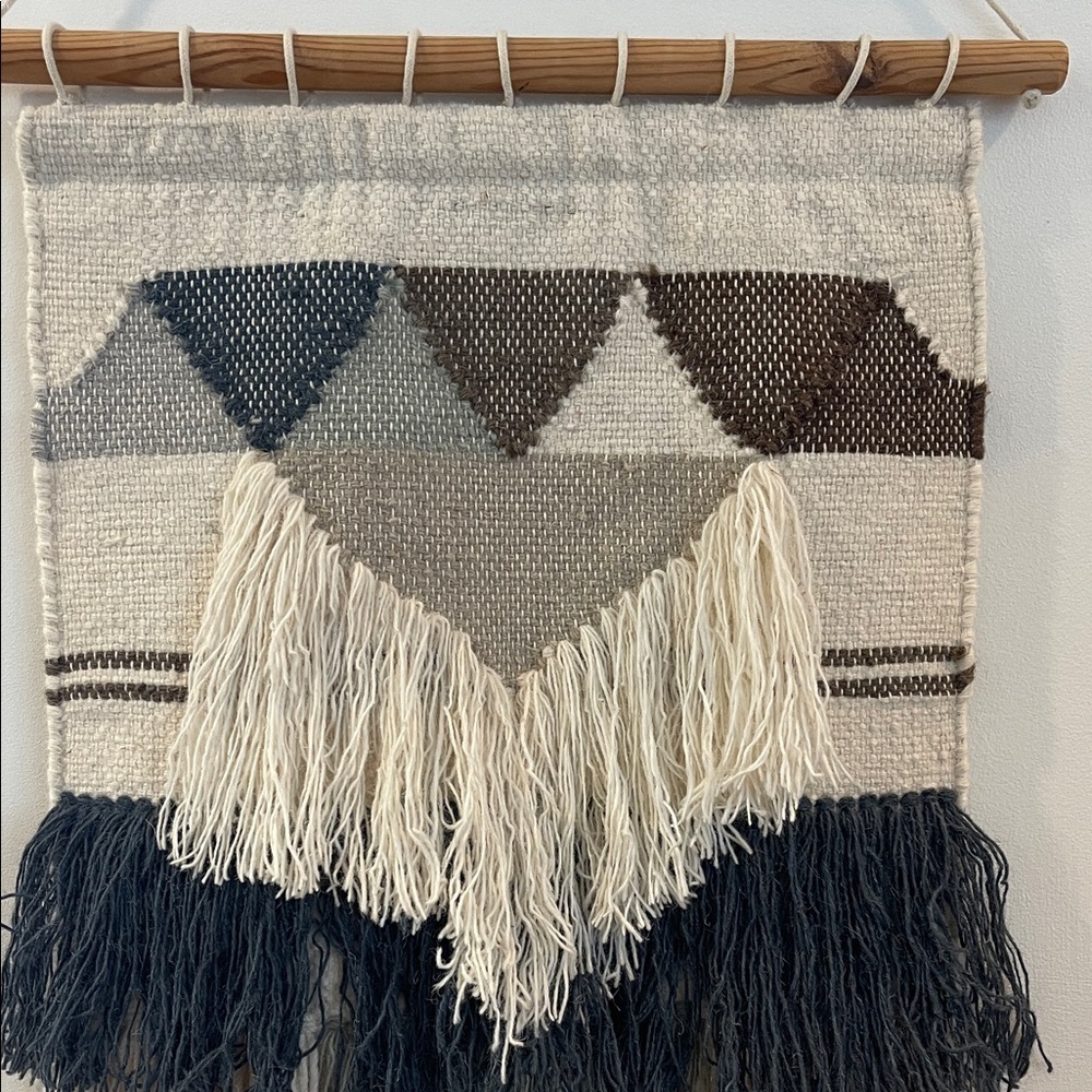 Bohemian Woven Wall Hanging Tapestry with Fringe and Wood Rail - Picture 3 of 6
